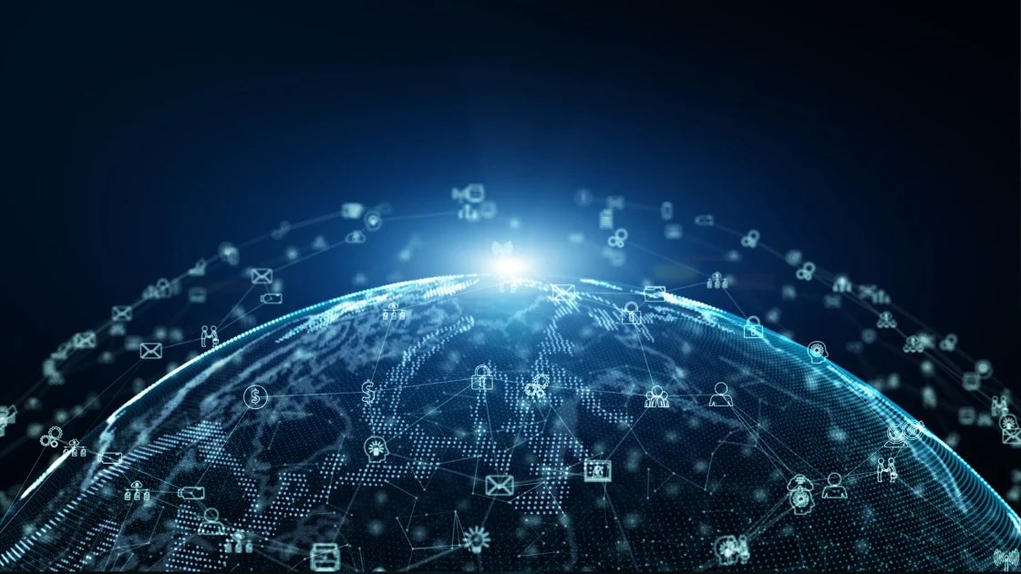 A digital globe traced with network connections linking people, systems and services